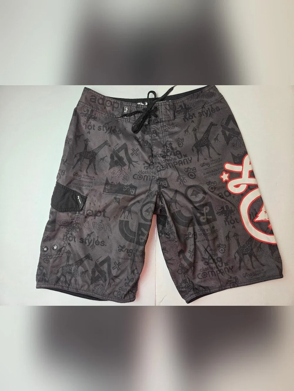 LRG Black Graphic Swim Board Shorts with Red Accent